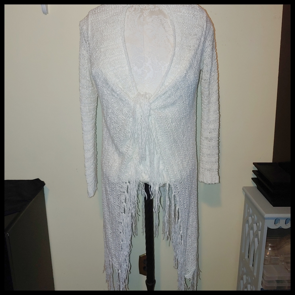 Planet Gold White Fringed Cardigan, Large